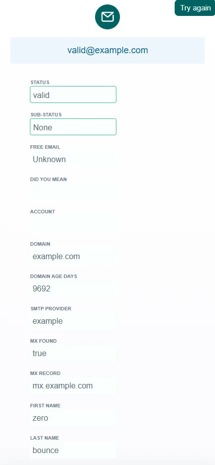 ZeroBounce email verification results for the email ‘valid@example.com,’ which returns a valid email result.