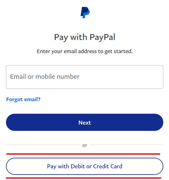 Screenshot of the guest checkout button on the PayPal sign in screen