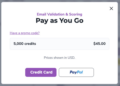 Screenshot of ZeroBounce’s checkout screen, highlighting the Stripe credit card payment method