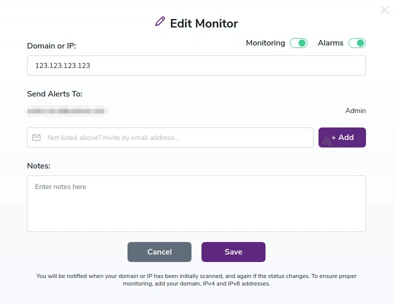 Edit monitor window for changing any previously set options