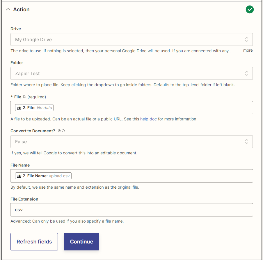 Zapier Google Drive File Upload parameters screenshot