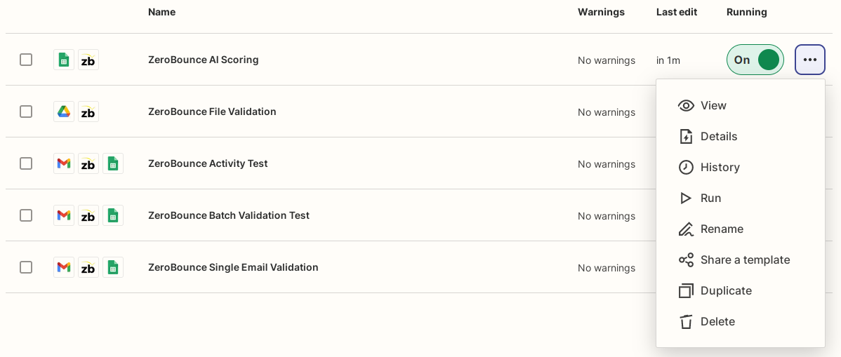 Zapier Zap dashboard context menu screenshot