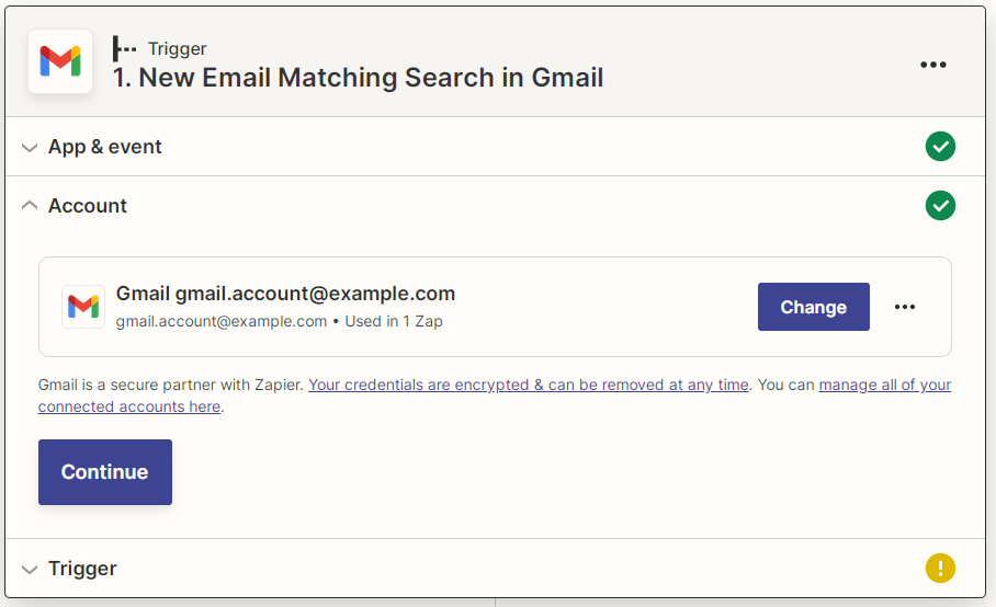 Zapier Gmail connected account screenshot