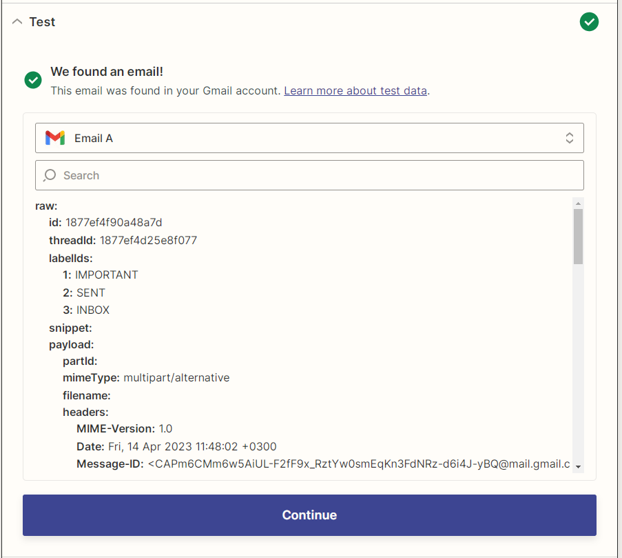 Zapier Gmail trigger test results screenshot