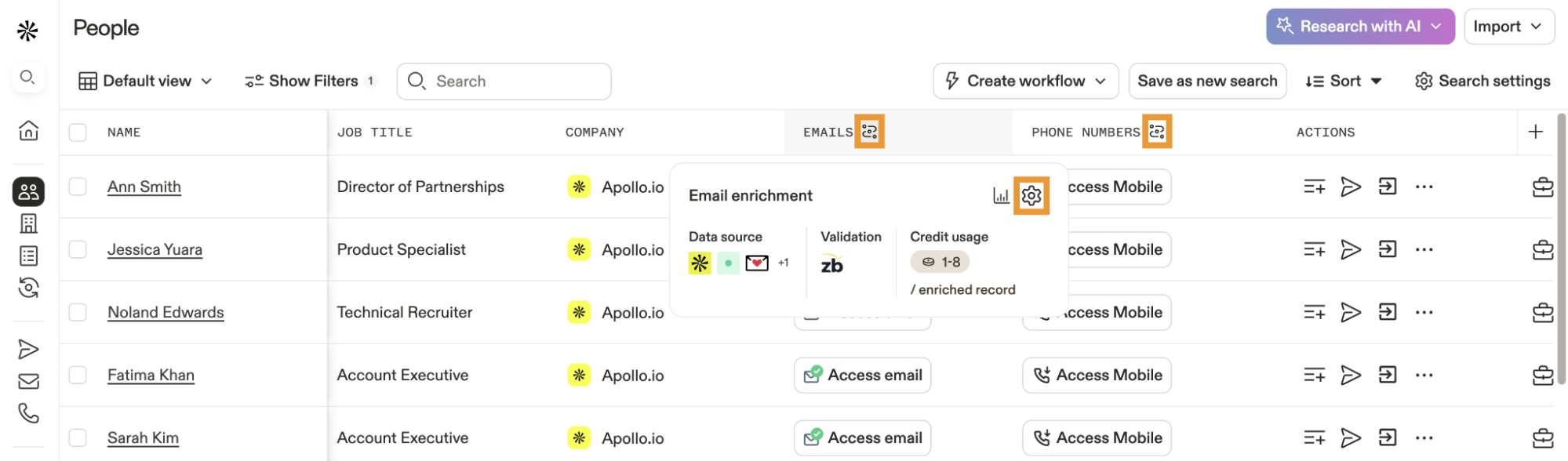 The Apollo People dashboard with ZeroBounce selected as a validation source.