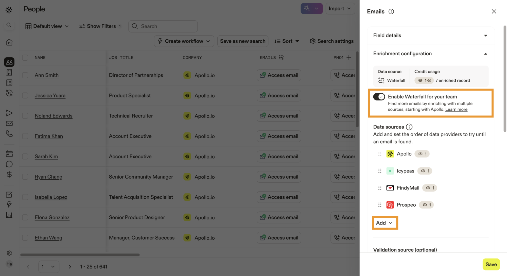 The toggle to enable Waterfall enrichment for emails within the Apollo dashboard settings.