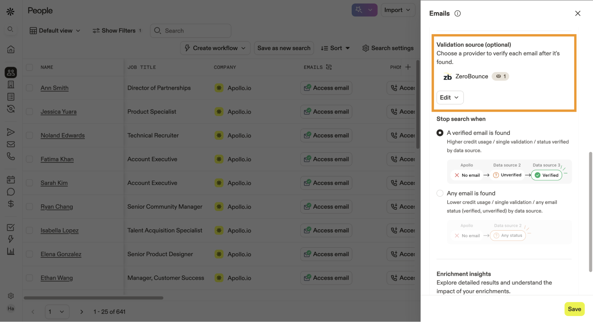 The Apollo Emails settings menu with ZeroBounce displayed as a validation source.