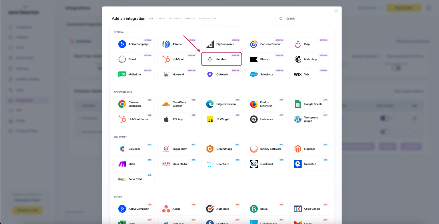 Vaya a su panel de ZeroBounce y haga clic en Integraciones.