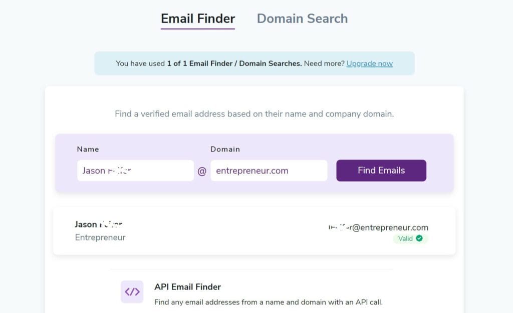 screenshot of zerobounce email finder showing valid email address upon providing name and company domain
