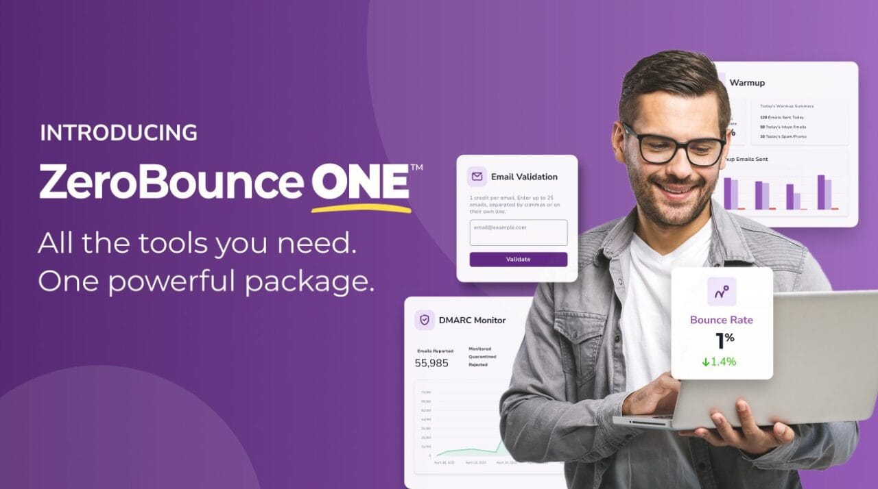 young man wearing glasses looking at laptop on dark purple background with text announcing the launch of ZeroBounce ONE