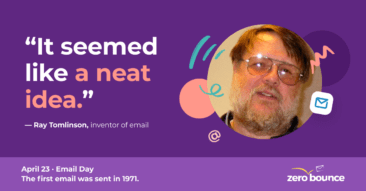 Email creator Ray Tomlinson on a purple background with squiggly shapes.