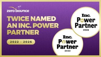 ZeroBounce Inc. Power Partner Award logos illustrated on dark purple background with gold font