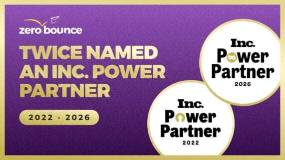 ZeroBounce Inc. Power Partner Award logos illustrated on dark purple background with gold font