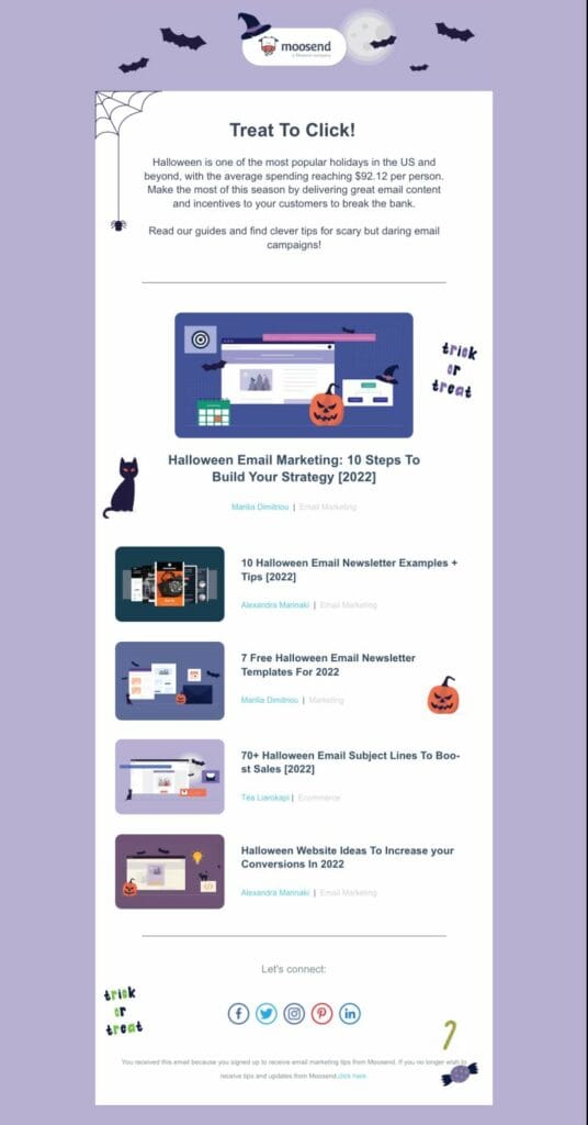 Lavender background showing Halloween email campaign example from Moosend
