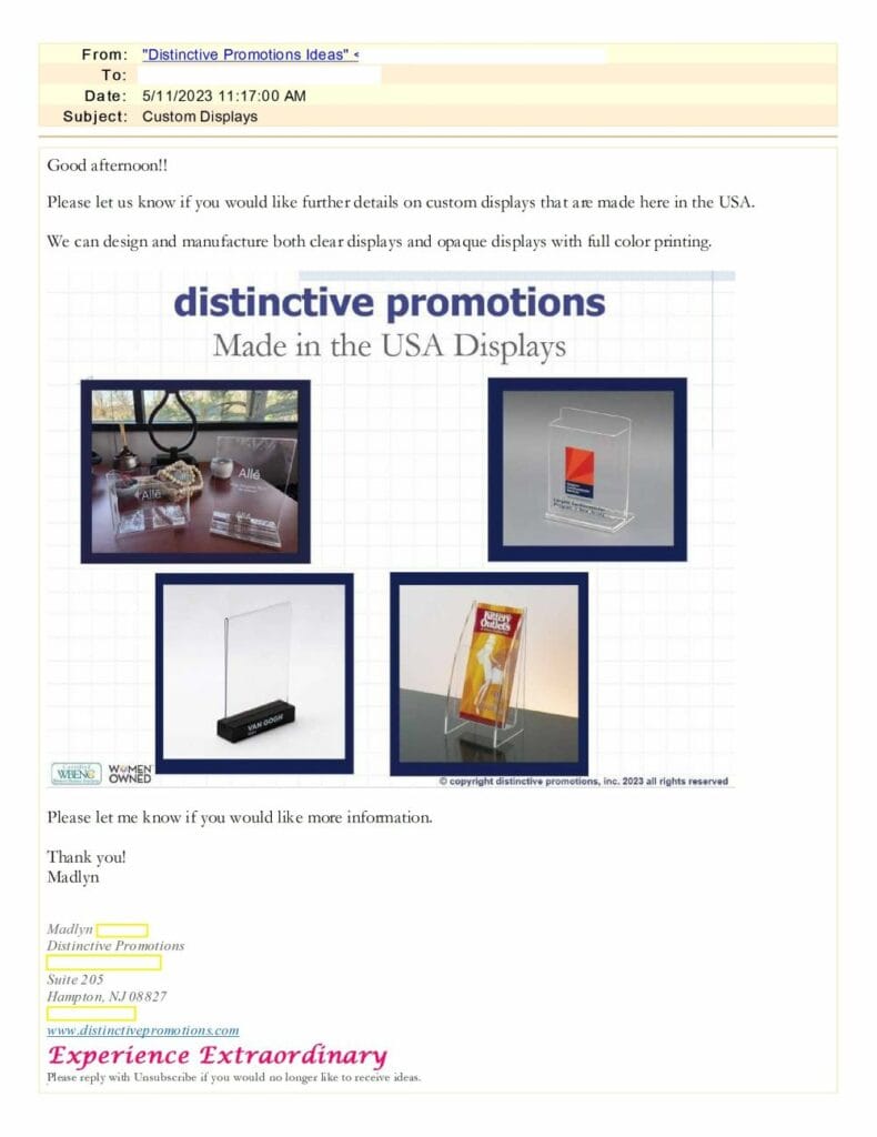 example of spam email from distinctive promotions used as illustration to define the origin of the word spam