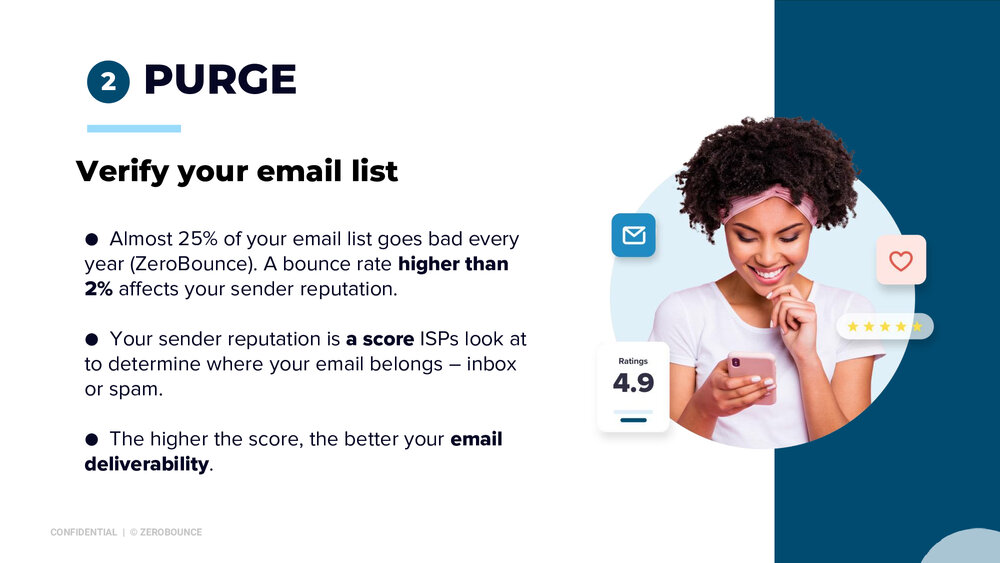 Young black woman smiles as she reads chart that shows the need to purge email lists because 25% of your list on average goes bad.