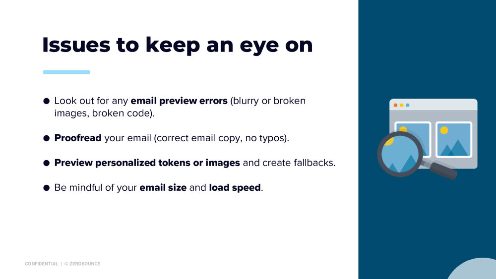 Illustrated magnifying glass puts a close look on. your emails. Reminds email marketers to look out for blurry or broken images and to always proofread your copy.