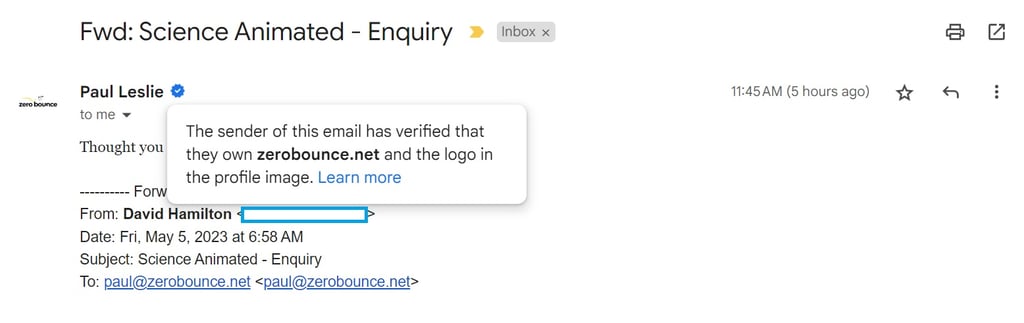 example of gmail blue checkmark with blurb confirming ZeroBounce sender identify