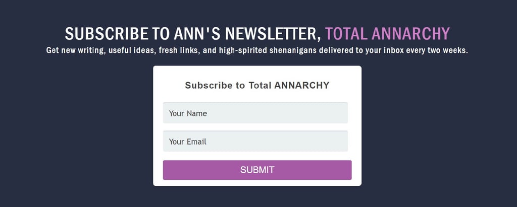 screenshot of ann handley newsletter signup form on dark background