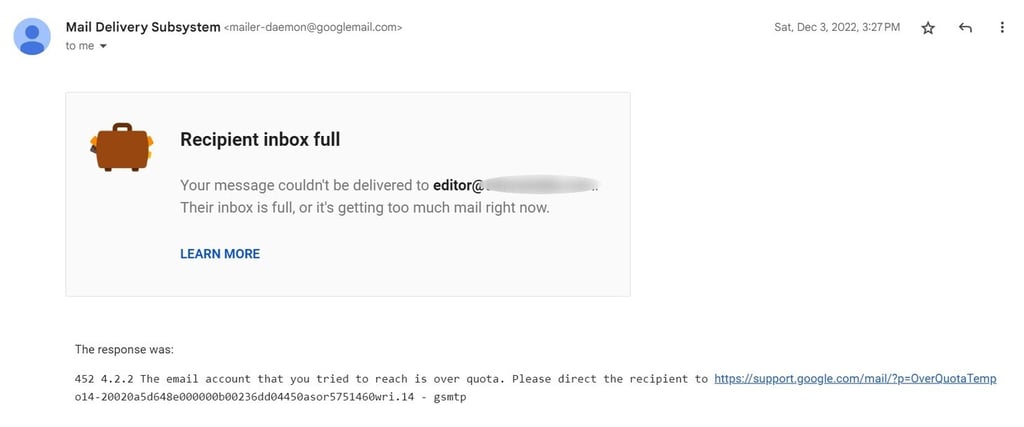 Screenshot of bounced email message indicating that the mailbox is full.