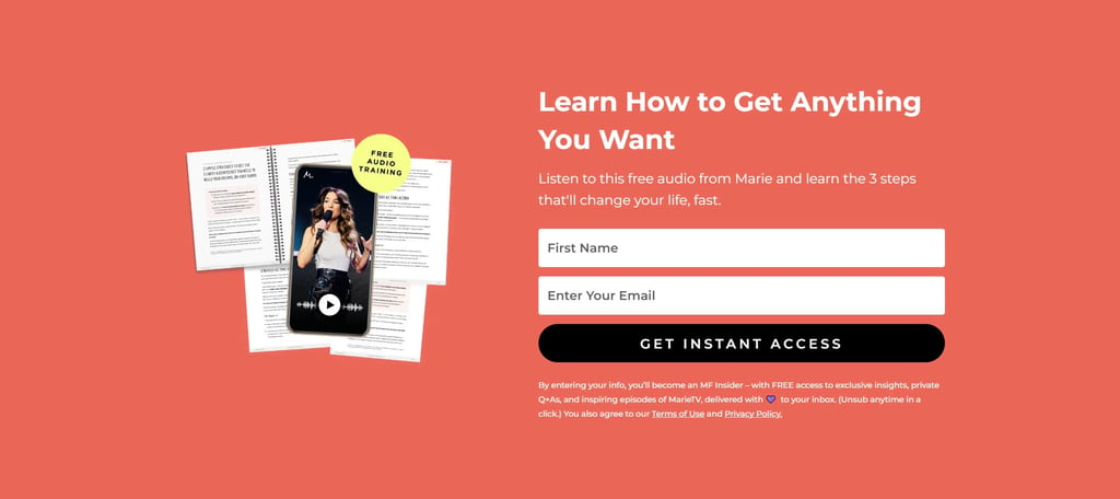 email newsletter signup form example from entrepreneur Marie Forleo on red background