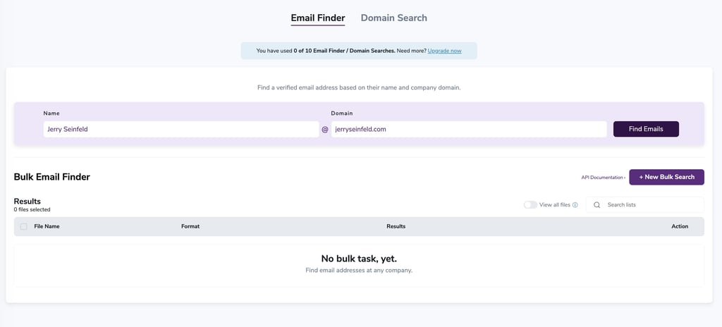Screenshot of email finder tool dashboard showing place where you can enter name and domain name.