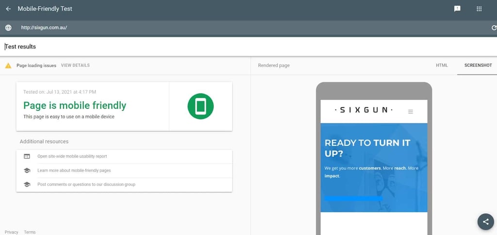 sixgun example of their mobile friendly app report.