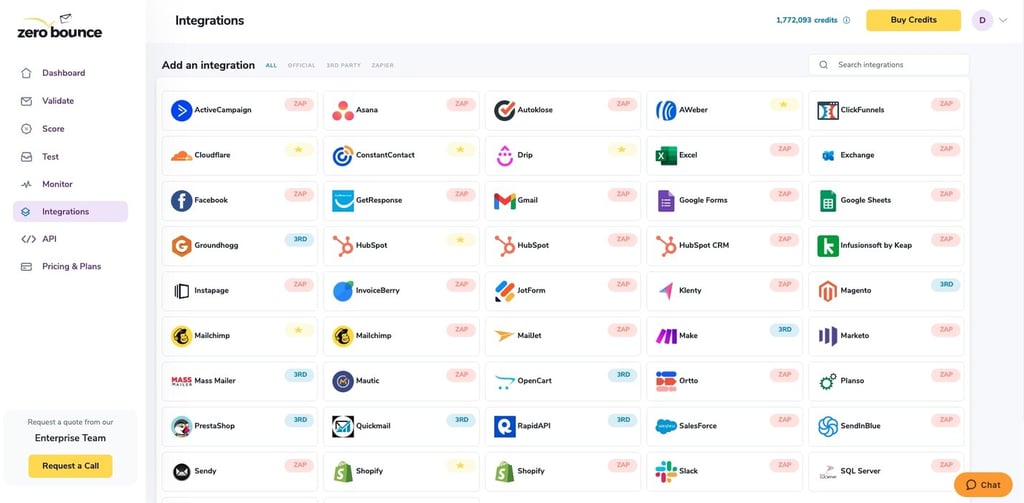 Screenshot of the ZeroBounce integration page shows the full list of available integration.