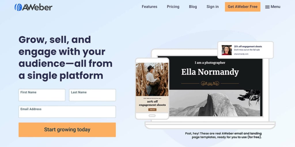 example of a Aweber ad with Get AWeber Free highlighted in the navigation section on top.