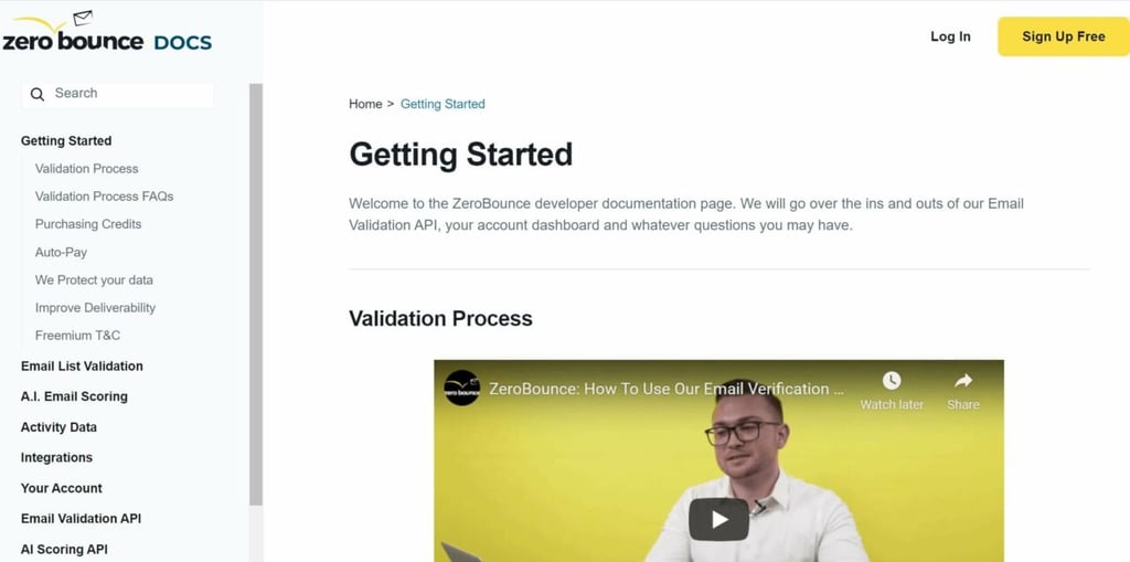 ZeroBounce document page with the video of how ZeroBounce works with Getting Started at the top.