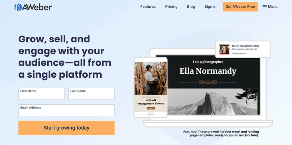 example of a Aweber ad with Get AWeber Free highlighted in the navigation section on top.