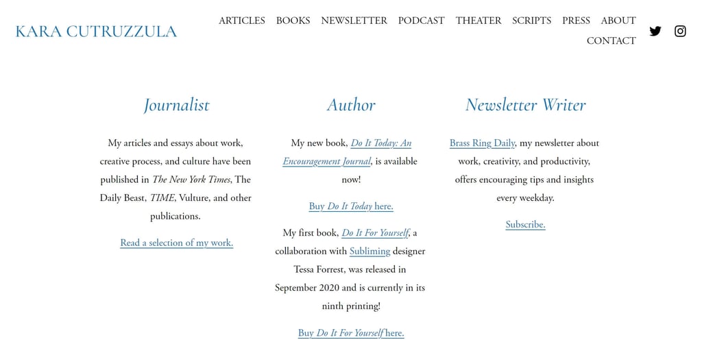subscribe email newsletter example from writer kara cutruzzula's website