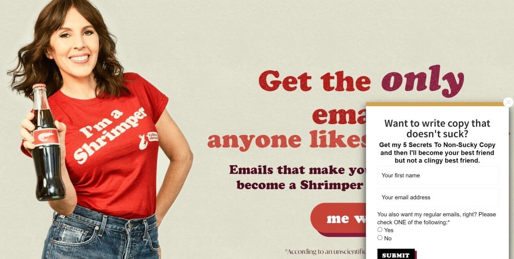 copywriter laura belgray of talking shrimp in red tshirt holding a beverage promoting free copywriting ebook 