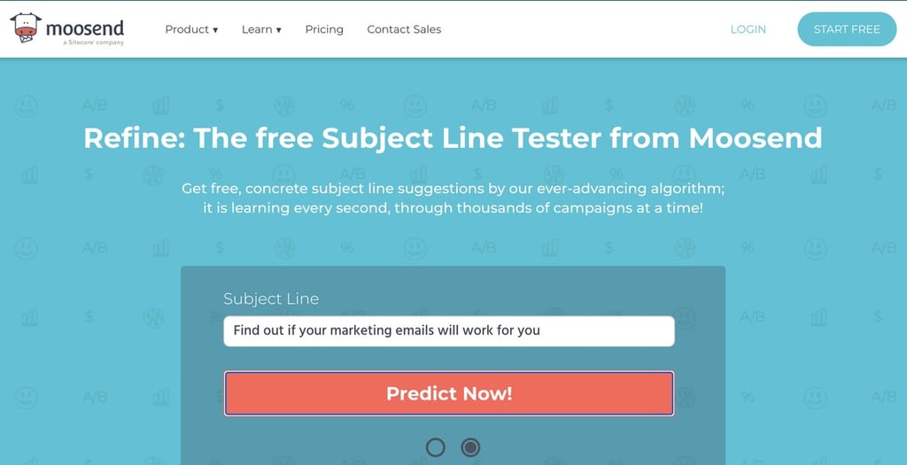 screenshot of moosend free subject line tester on blue background