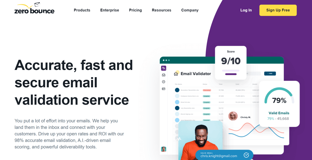 email list validation Information with ZeroBounce's home page as an example.