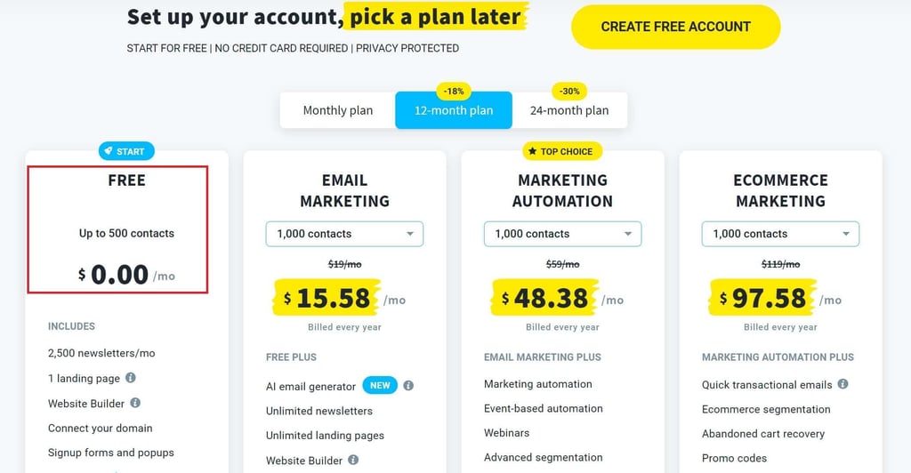 screenshot of email marketing platform get response showing pricing moderls for sending emails