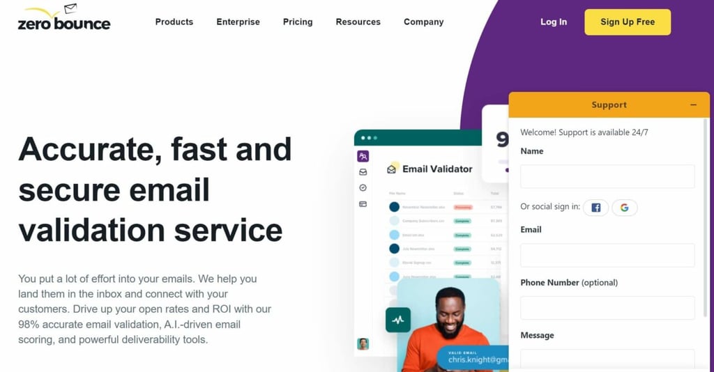 ZeroBounce Image of Home page. Stating, Accurate, fast and secure email validation service.
