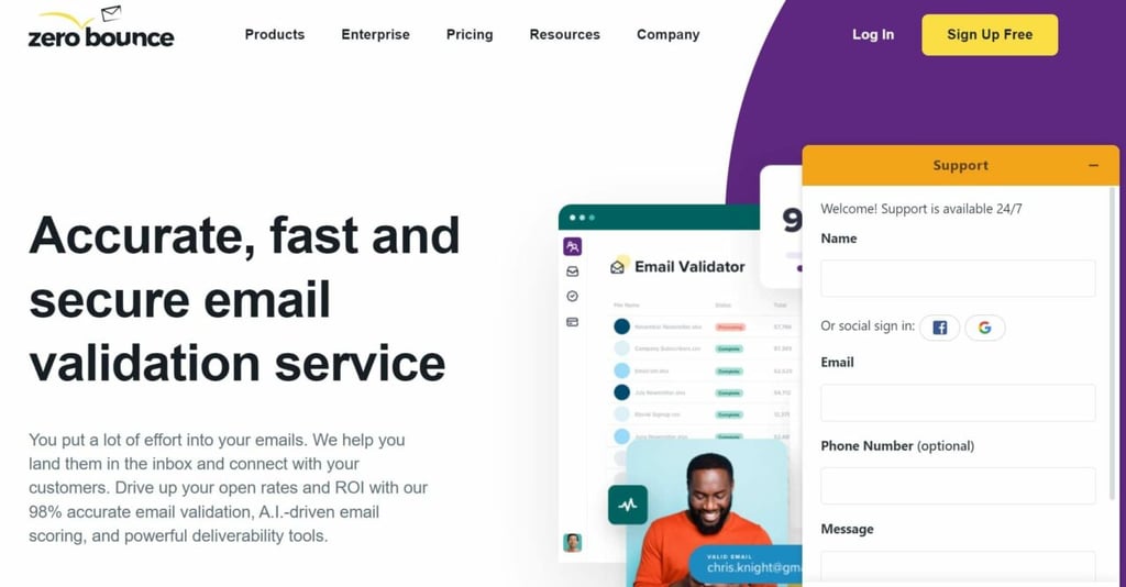 ZeroBounce Image of Home page. Stating, Accurate, fast and secure email validation service. 