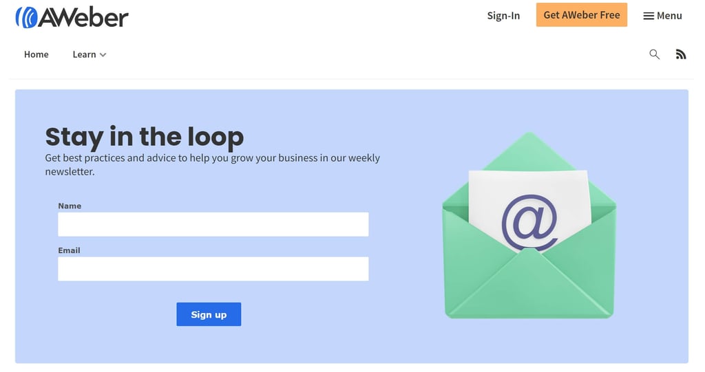 sign up for newsletter example from email marketing firm aweber on light blue background