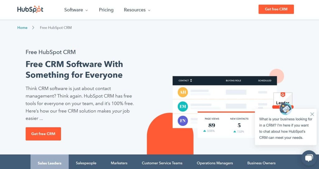 Screenshot of HubSpot CRM software page showing light grey background, colorful elements and dark text describing services