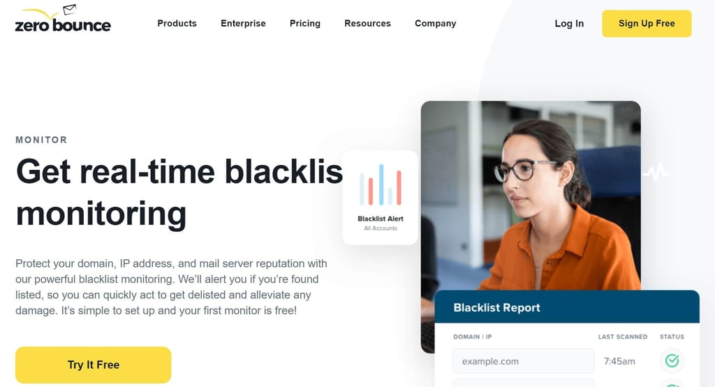 Screenshot of the ZeroBounce blacklist monitoring tool page 