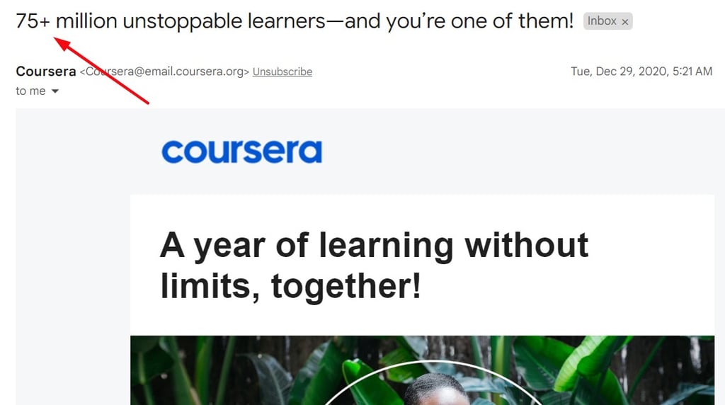 image featuring email campaign from coursera on light grey background