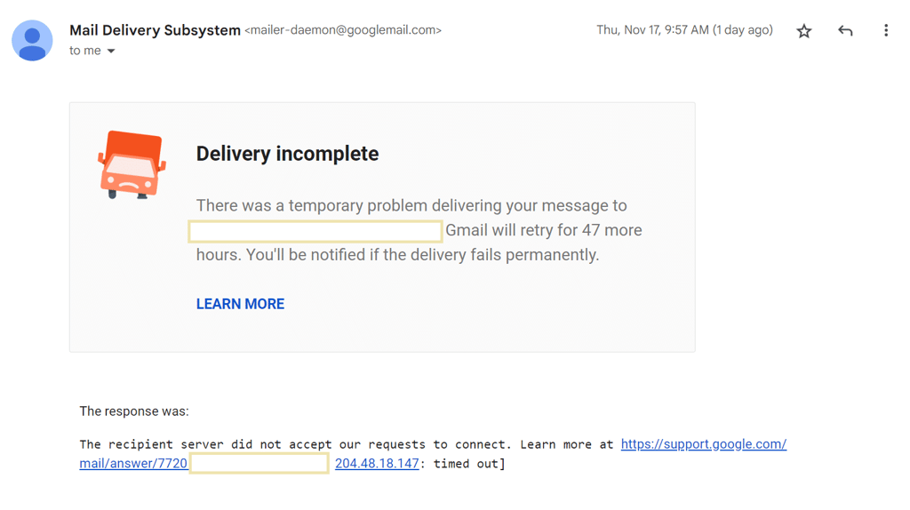 Screenshot of a soft bounce email showing that the recipient server did not accept the email