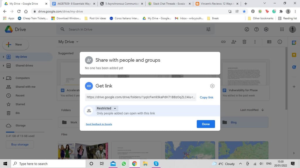 An image of Google Docs pop up window asking if you want to share with people and groups, Get the Link 