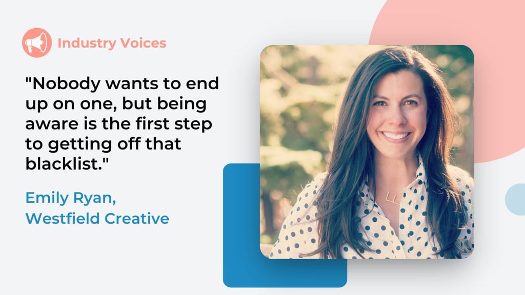 Picture of email strategist Emily Ryan on light gray background with quote referring to email blacklisting