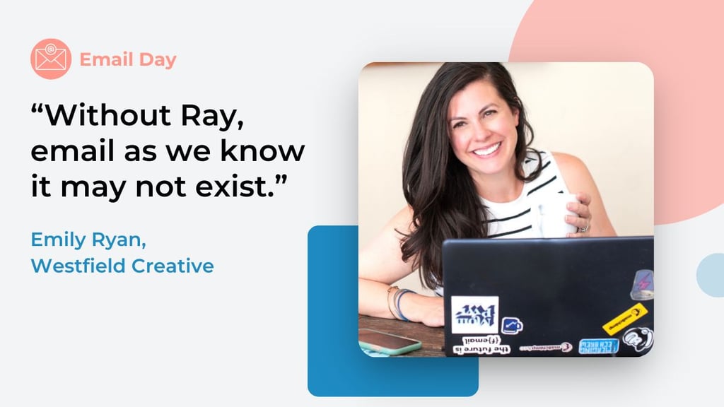 Email expert Emily Ryan holds a cup of coffee in front of her laptop among pink and blue elements.