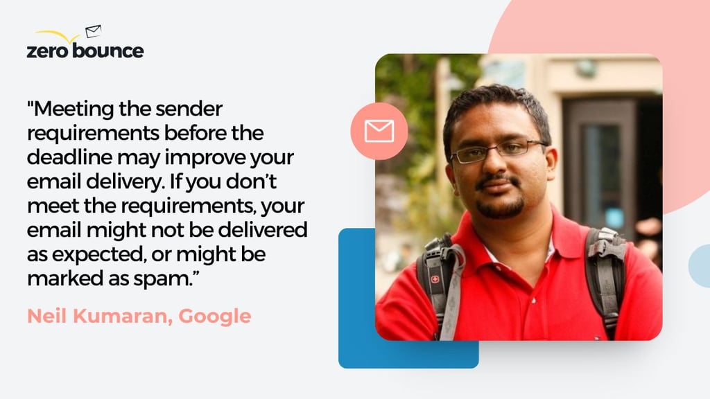 Neil Kumaran of Google wearing red tshirt with text quote on google yahoo bulk email sender rules on light grey background with blue and pink elements
