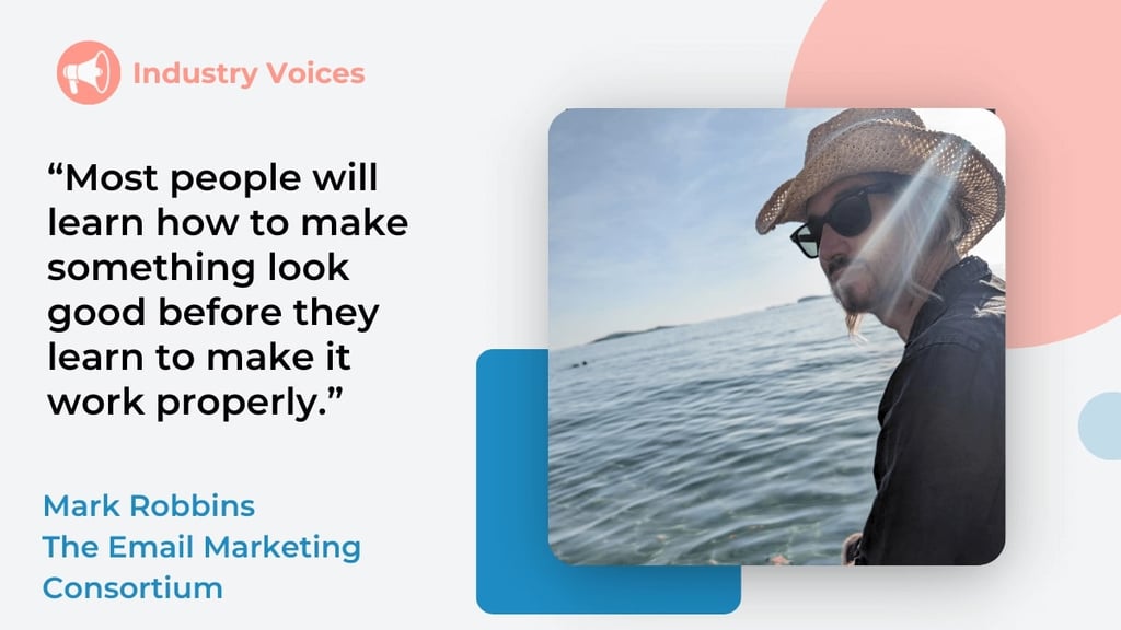 Wearing a straw hat and sunglasses, Mark Robbins looks over the water. Included is a quote expressing the importance of accessibility over aesthetics.
