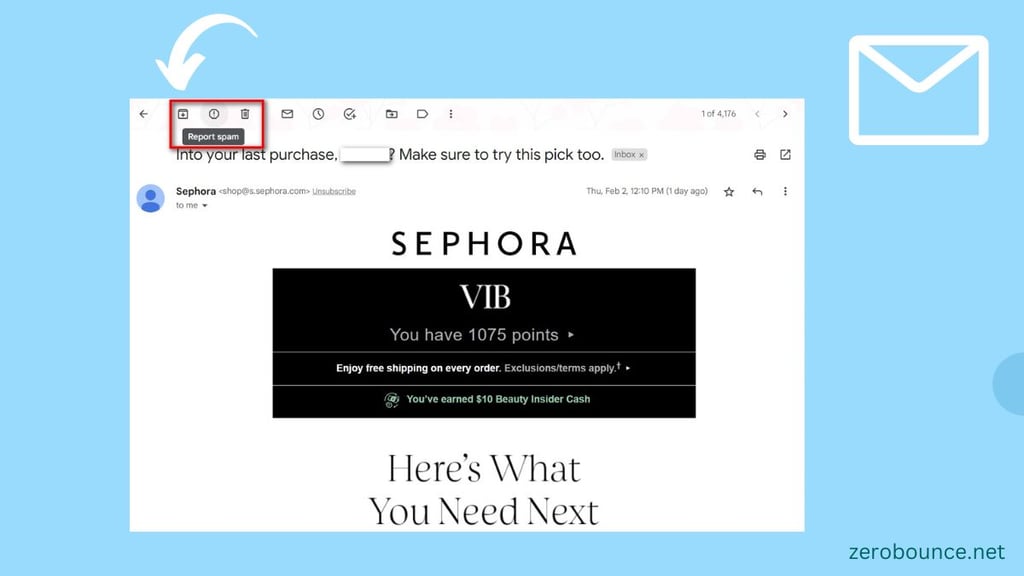 screenshot of sephora message showing how users can report it as spam