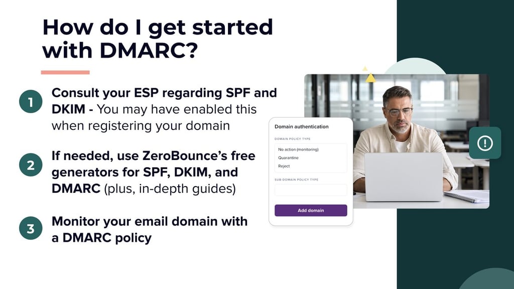 Bespectacled middle age man sits at laptop along with text elements explaining how to start with DMARC.